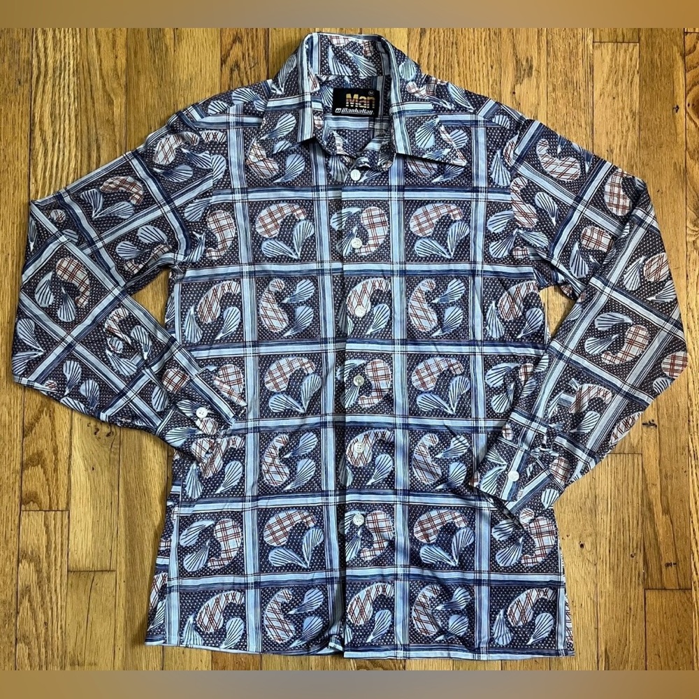 Vintage MANHATTAN Men’s Medium Polyester Disco Shirt Paisley Print Pointy Collar
